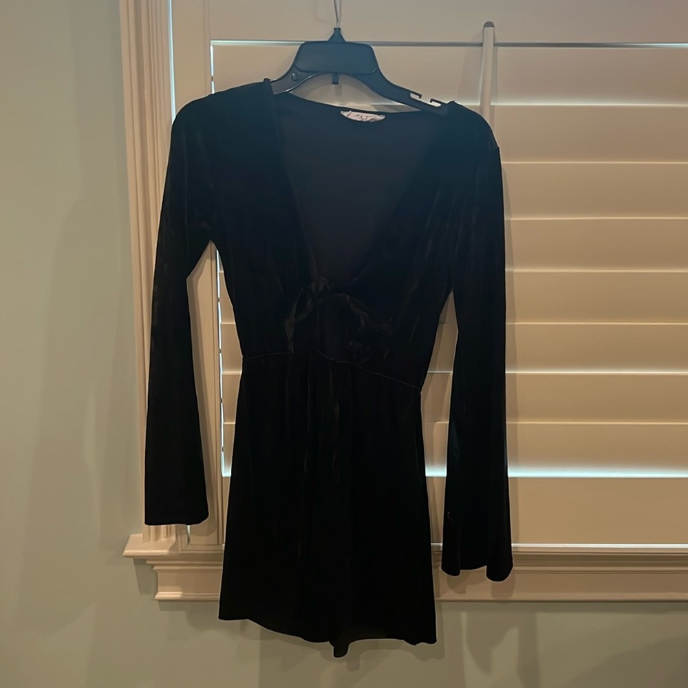 long sleeve black velvet romper